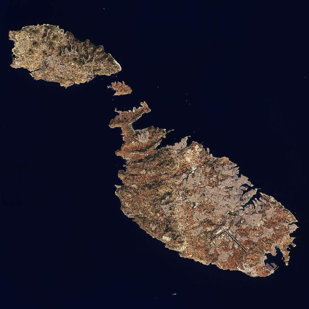 Satellite view of Gozo, Comino and Malta