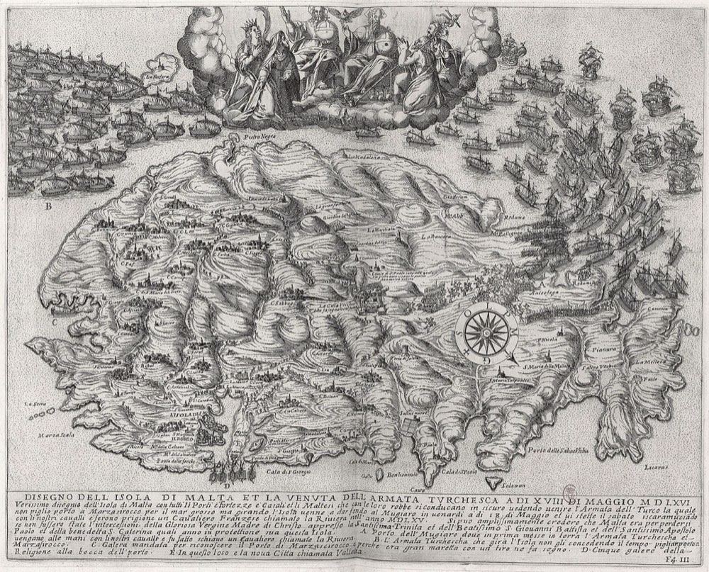 Map of Malta and the Ottoman fleet arriving in May 1565
